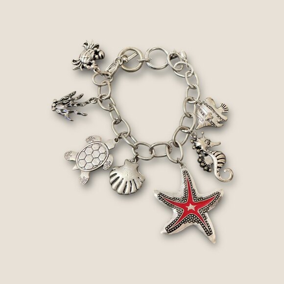 Nautical Charm Bracelet With Starfish & Sea Creatures - Picture 2 of 3